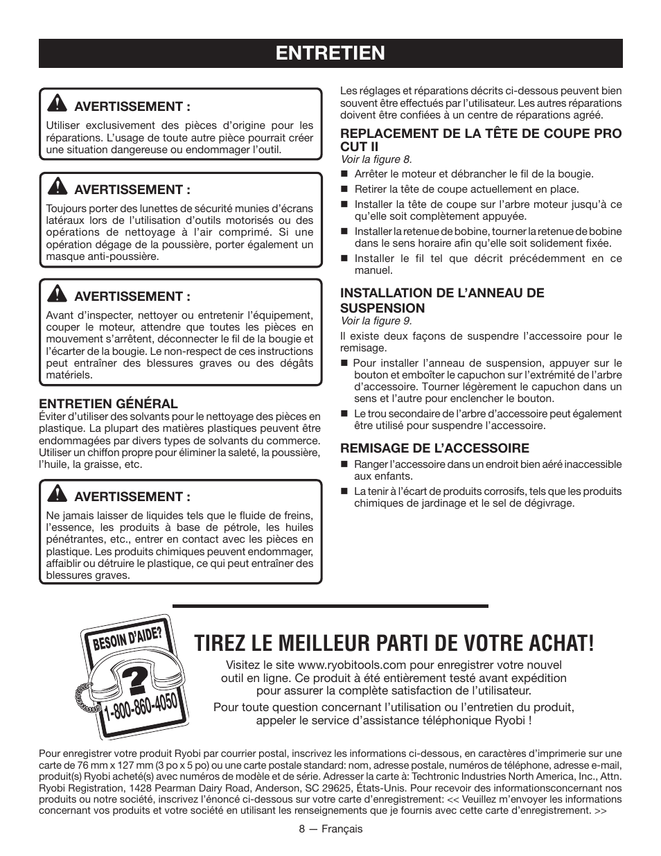 Tirez le meilleur parti de votre achat, Entretien, Besoin d’aid e | Ryobi RY15522 User Manual | Page 17 / 30