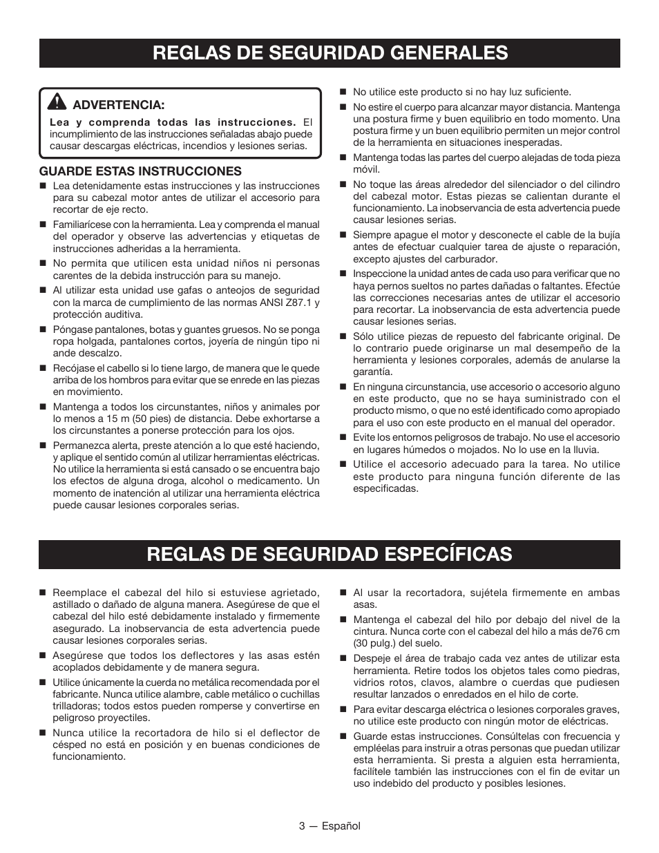 Reglas de seguridad generales, Reglas de seguridad específicas | Ryobi RY15522 User Manual | Page 19 / 30