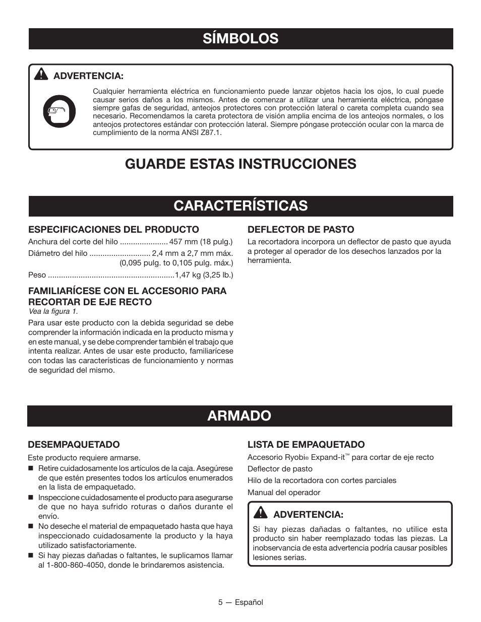 Símbolos, Guarde estas instrucciones, Características | Armado | Ryobi RY15522 User Manual | Page 21 / 30