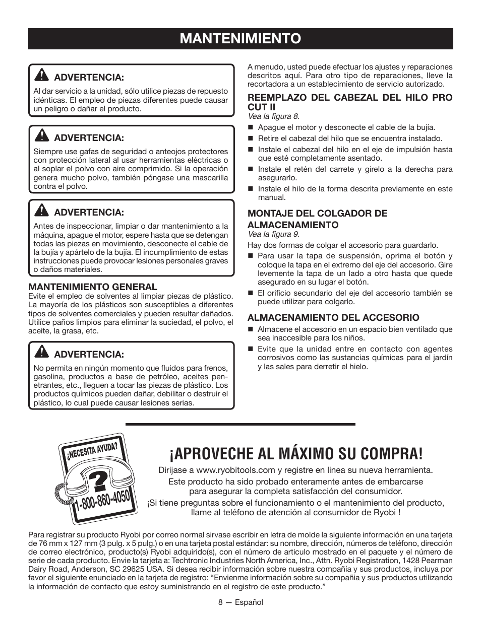 Aproveche al máximo su compra, Mantenimiento | Ryobi RY15522 User Manual | Page 24 / 30