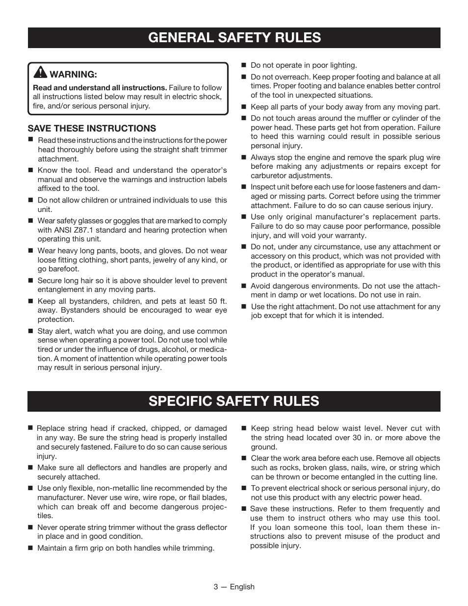General safety rules, Specific safety rules | Ryobi RY15522 User Manual | Page 5 / 30