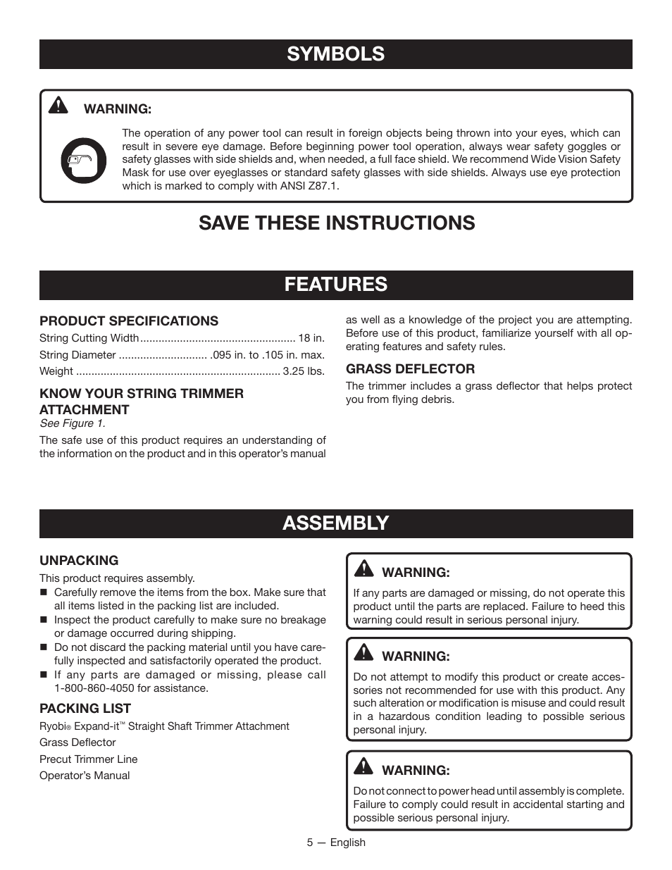 Symbols, Save these instructions, Features | Assembly | Ryobi RY15522 User Manual | Page 7 / 30