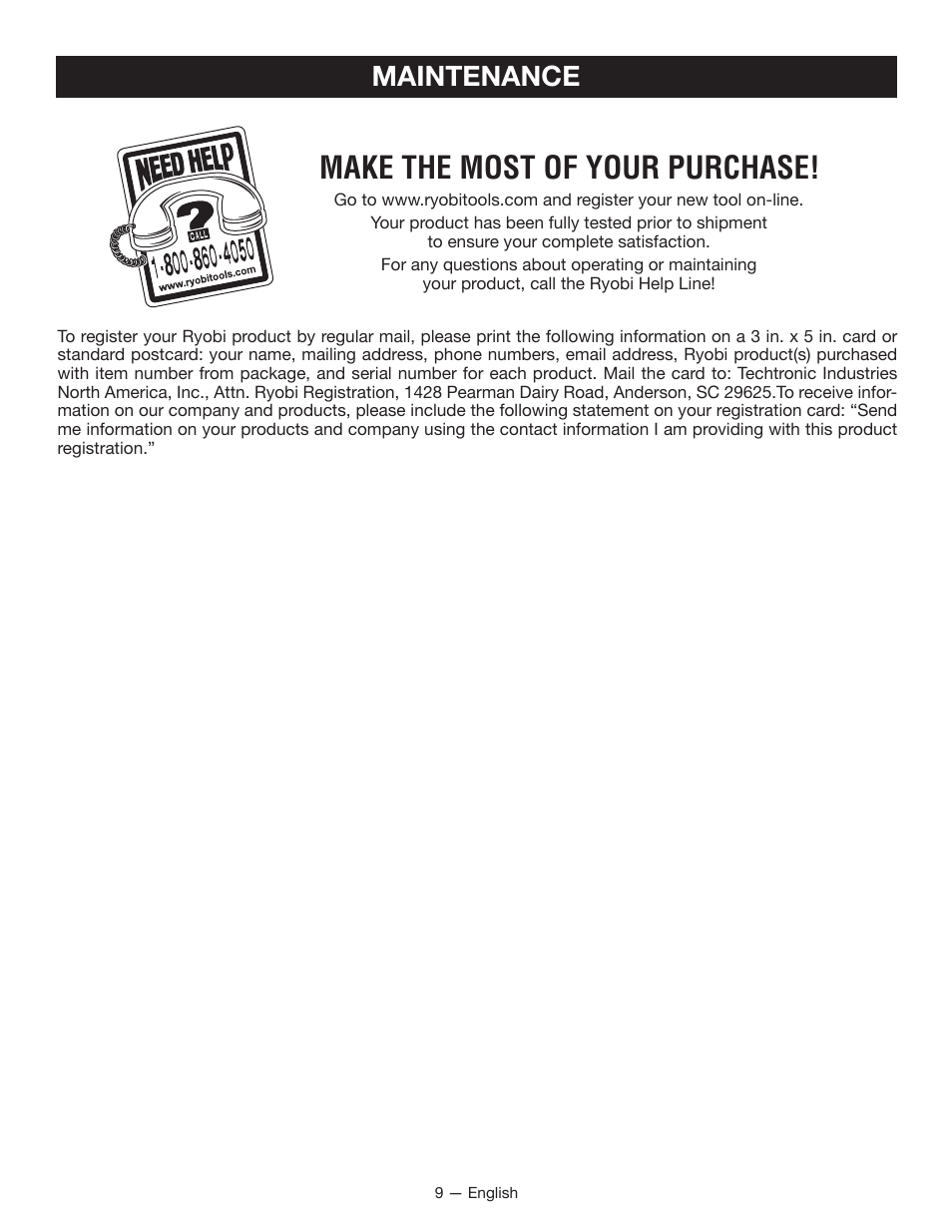Make the most of your purchase, Maintenance | Ryobi EXPAND-IT RY15523 User Manual | Page 11 / 34