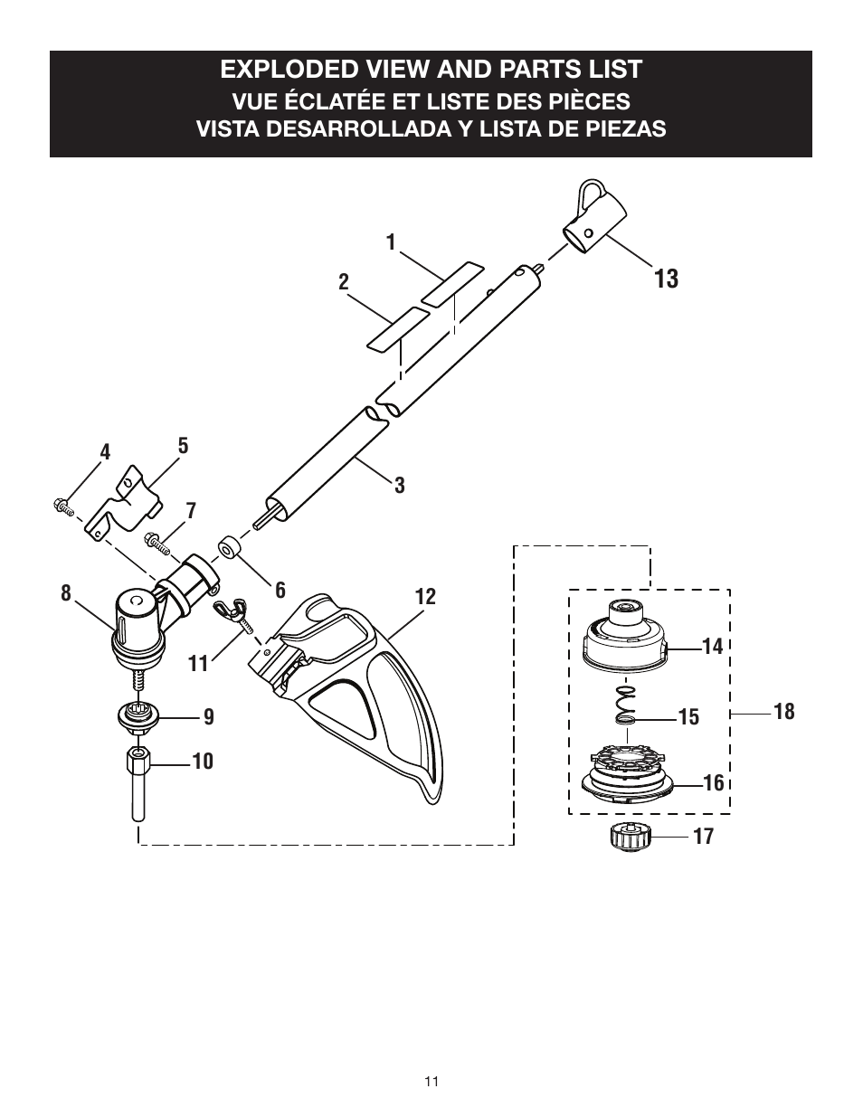 Exploded view and parts list | Ryobi EXPAND-IT RY15523 User Manual | Page 13 / 34