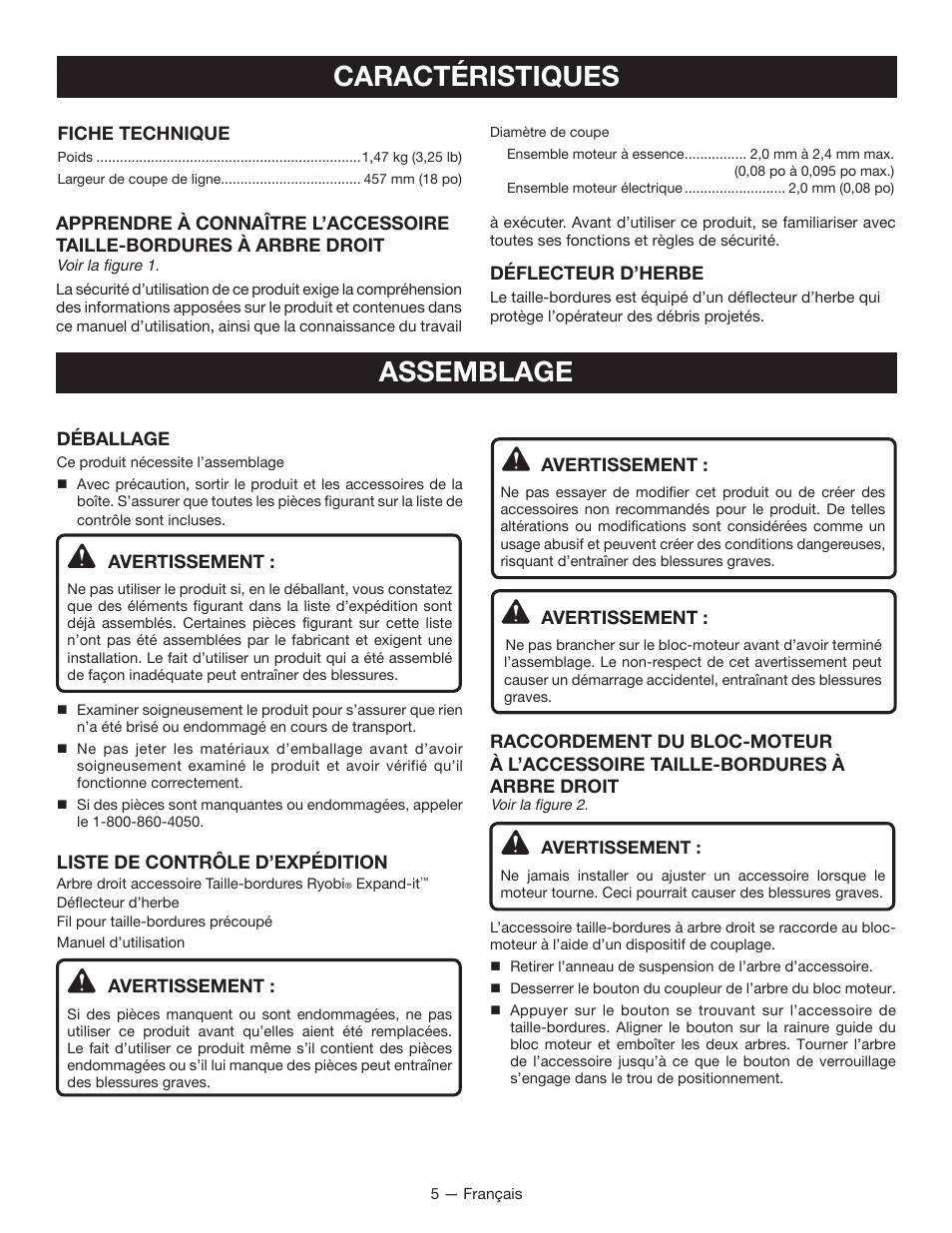 Caractéristiques, Assemblage | Ryobi EXPAND-IT RY15523 User Manual | Page 20 / 34