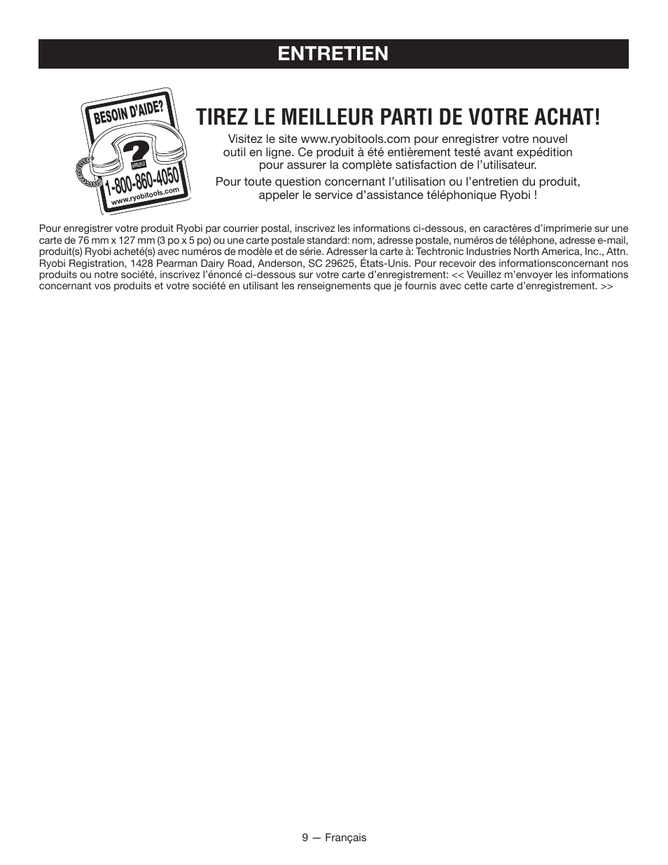 Tirez le meilleur parti de votre achat, Entretien, Besoin d’aid e | Ryobi EXPAND-IT RY15523 User Manual | Page 24 / 34