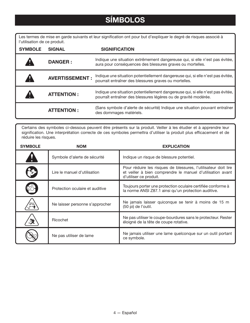 Símbolos | Ryobi EXPAND-IT RY15523 User Manual | Page 27 / 34