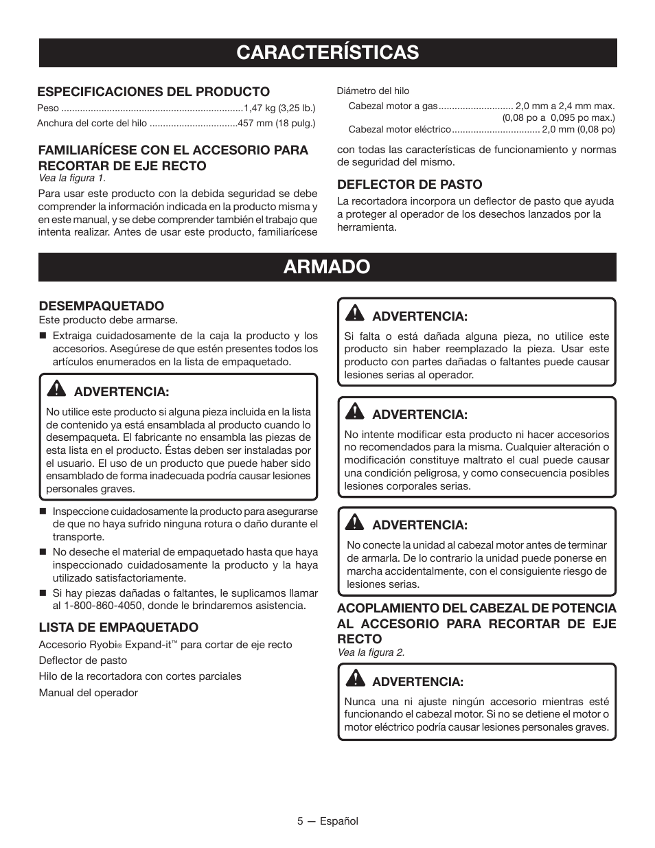 Características, Armado | Ryobi EXPAND-IT RY15523 User Manual | Page 28 / 34