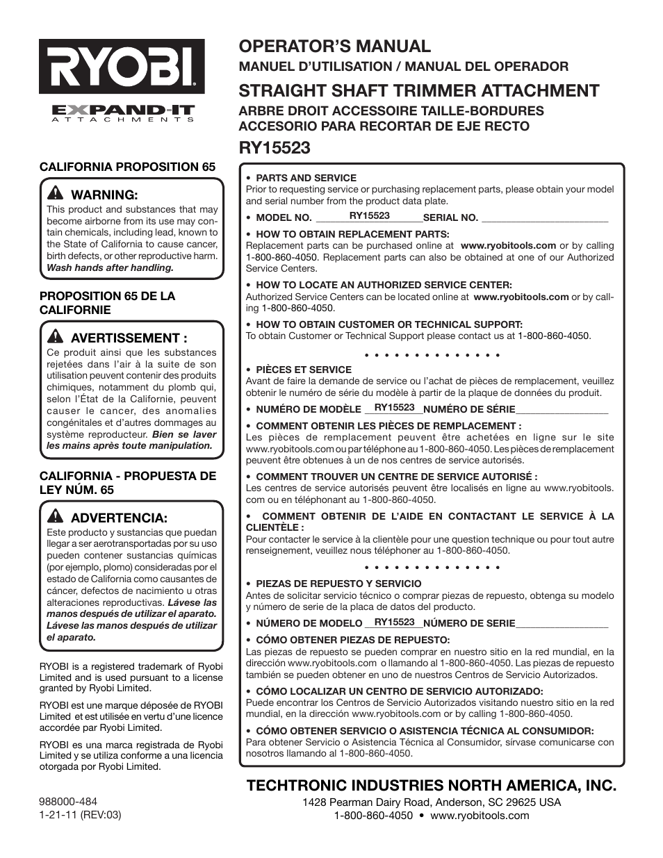 Operator’s manual, Straight shaft trimmer attachment, Techtronic industries north america, inc | Ryobi EXPAND-IT RY15523 User Manual | Page 34 / 34