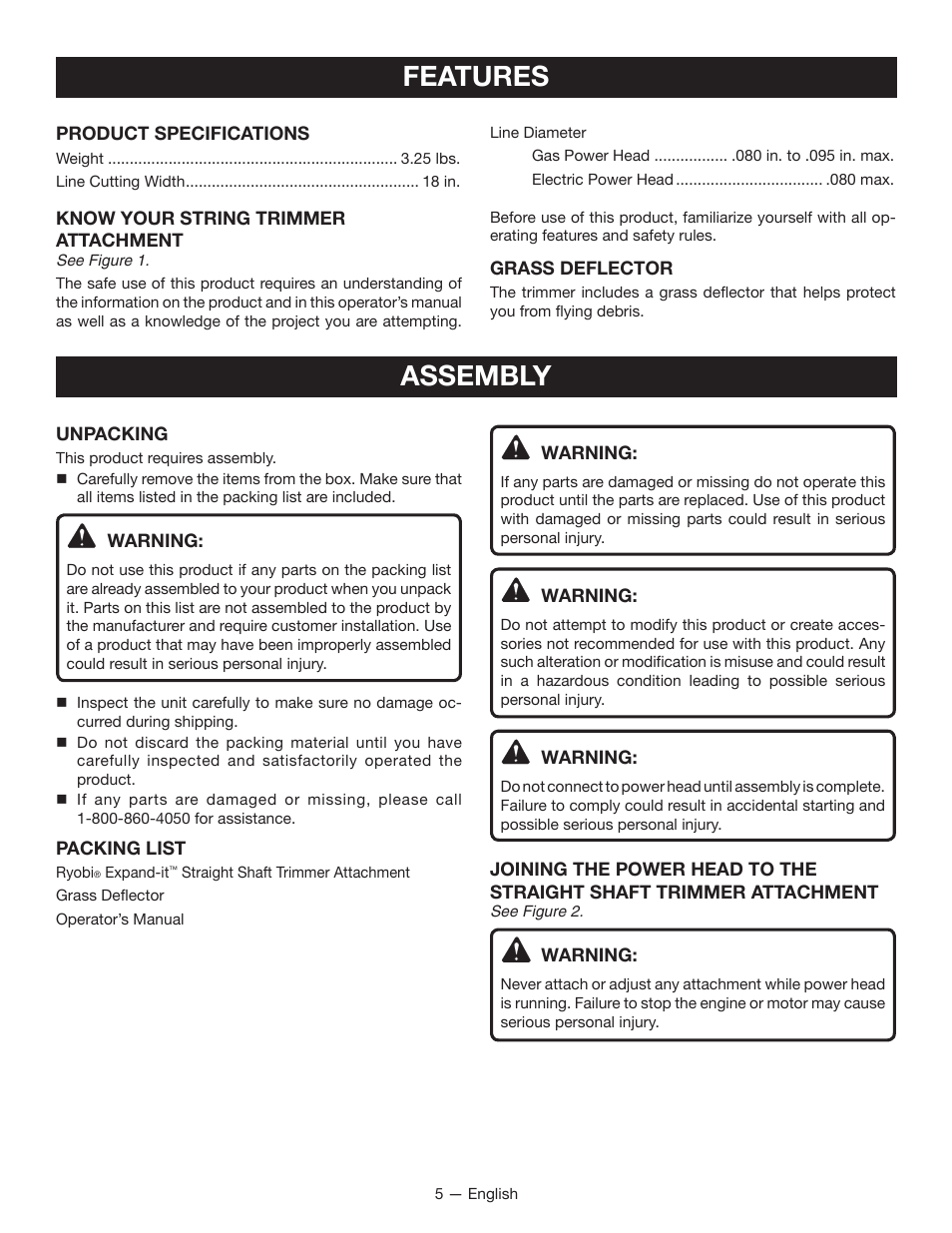 Features, Assembly | Ryobi EXPAND-IT RY15523 User Manual | Page 7 / 34