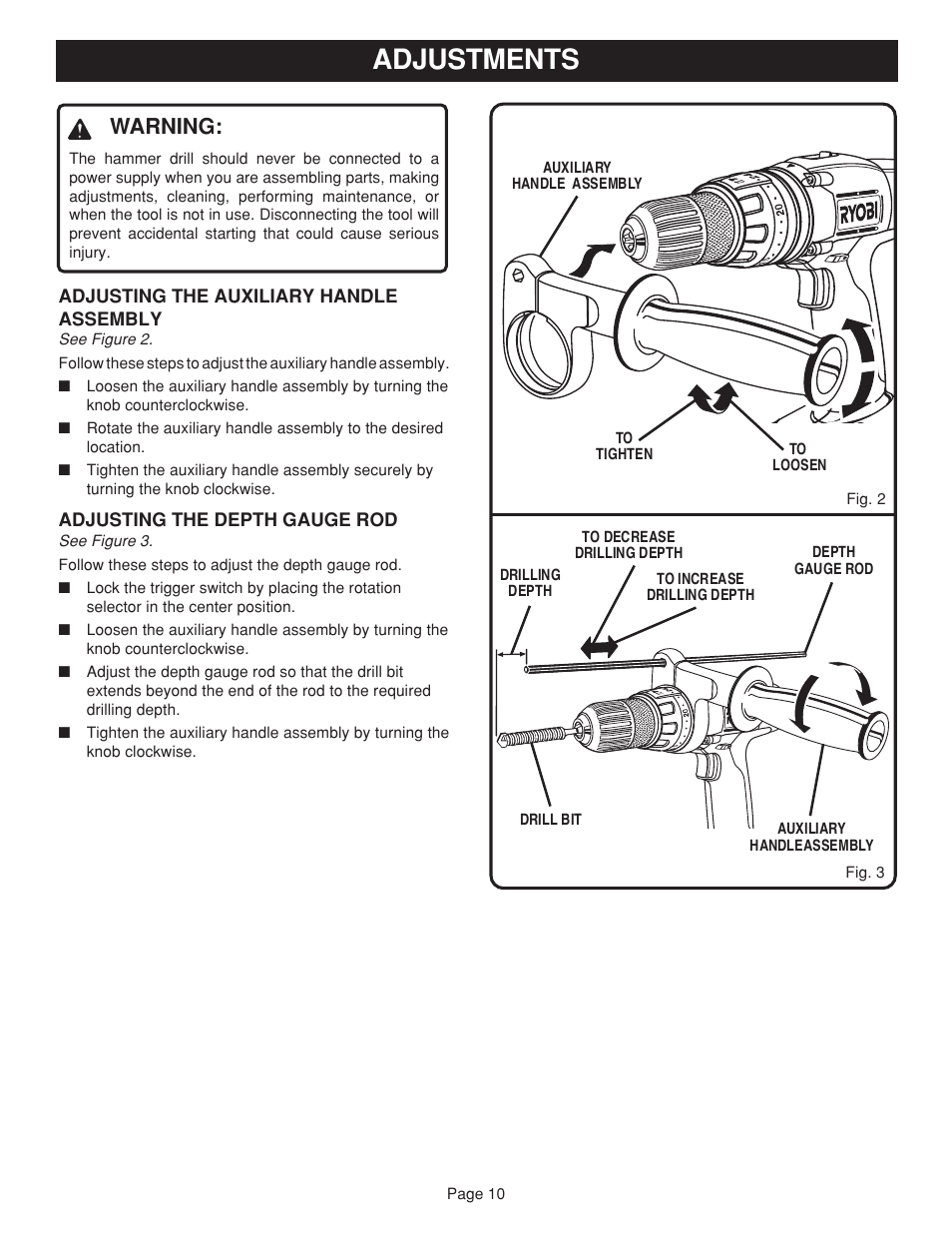 Adjustments, Warning | Ryobi HD1830 User Manual | Page 10 / 20