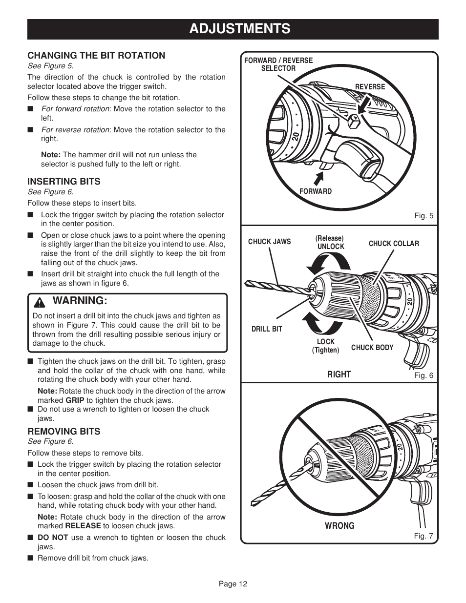 Adjustments, Warning | Ryobi HD1830 User Manual | Page 12 / 20