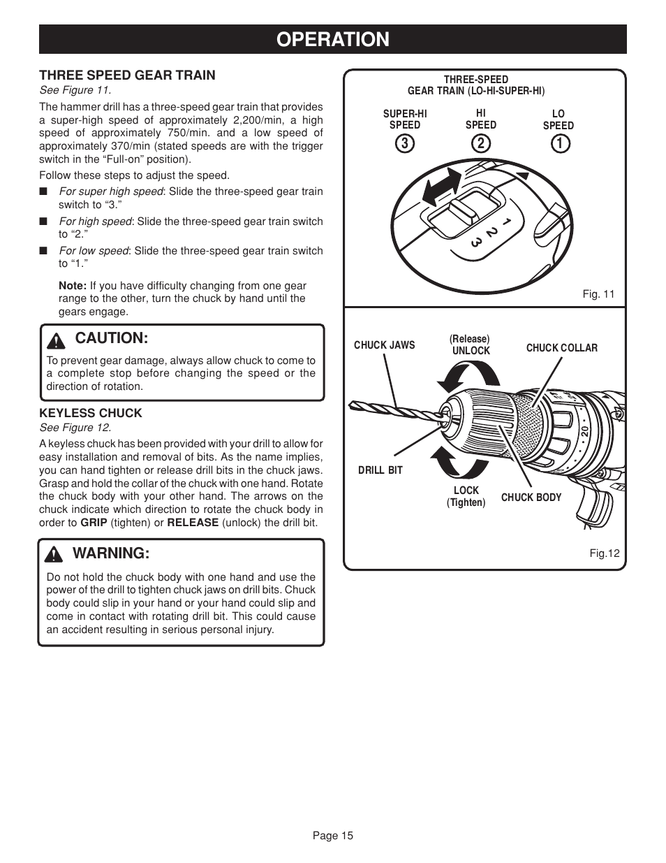 Operation, Caution, Warning | Ryobi HD1830 User Manual | Page 15 / 20