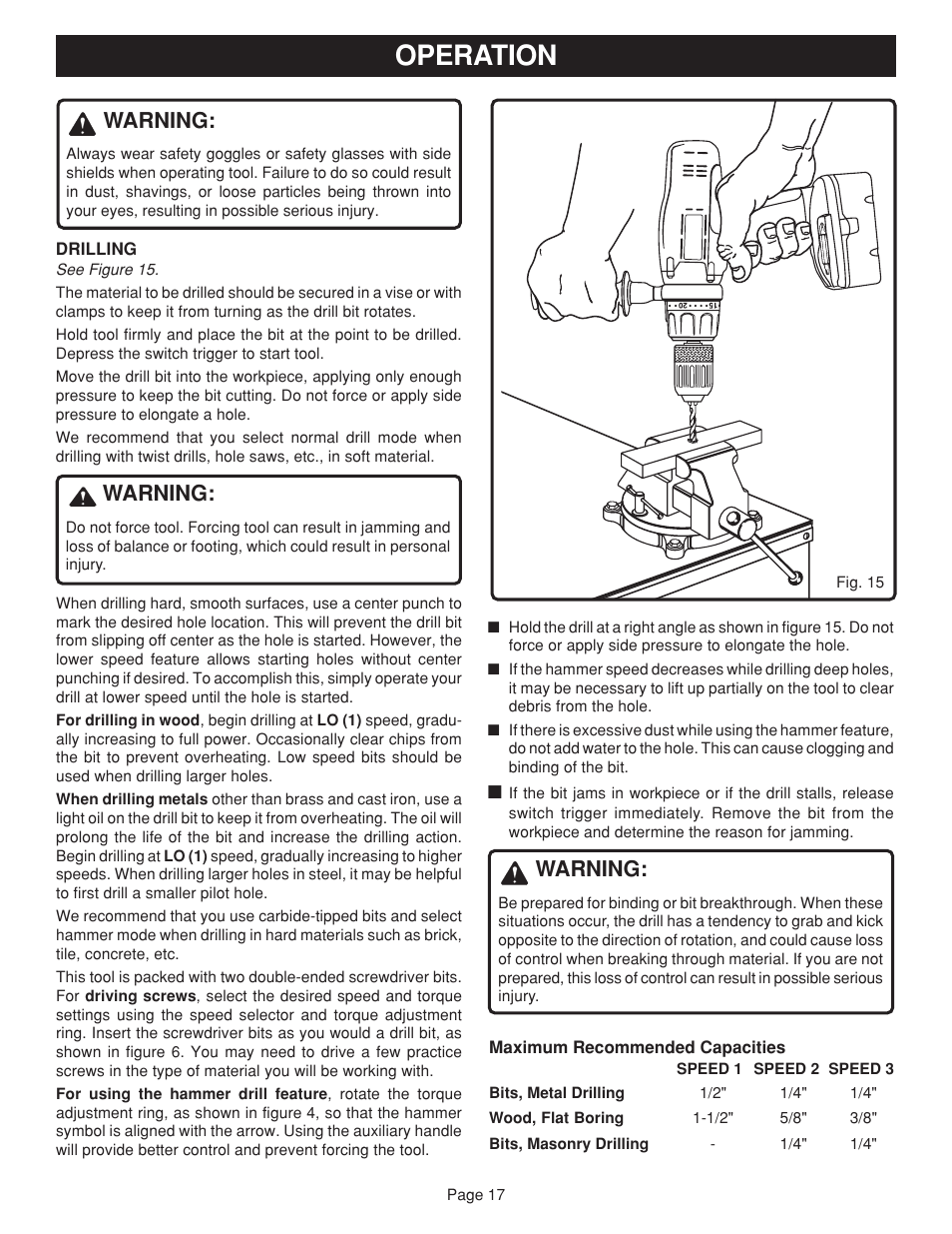 Operation, Warning | Ryobi HD1830 User Manual | Page 17 / 20