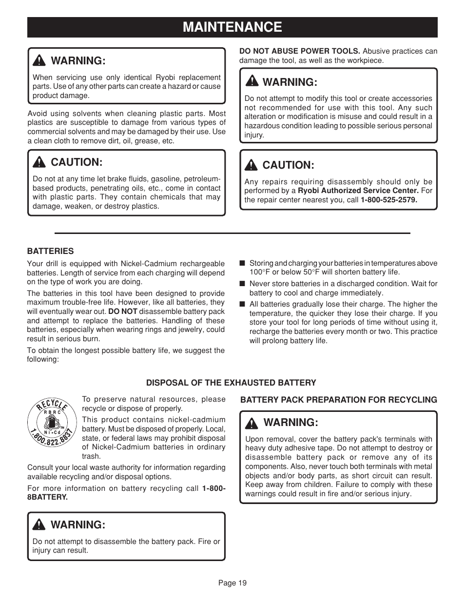 Maintenance, Warning, Caution | Ryobi HD1830 User Manual | Page 19 / 20