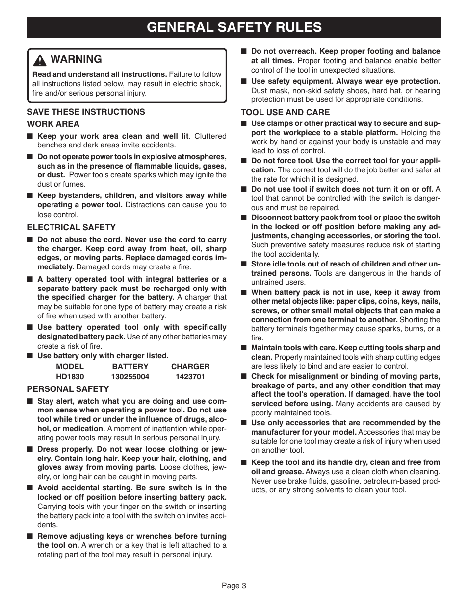 General safety rules, Warning | Ryobi HD1830 User Manual | Page 3 / 20