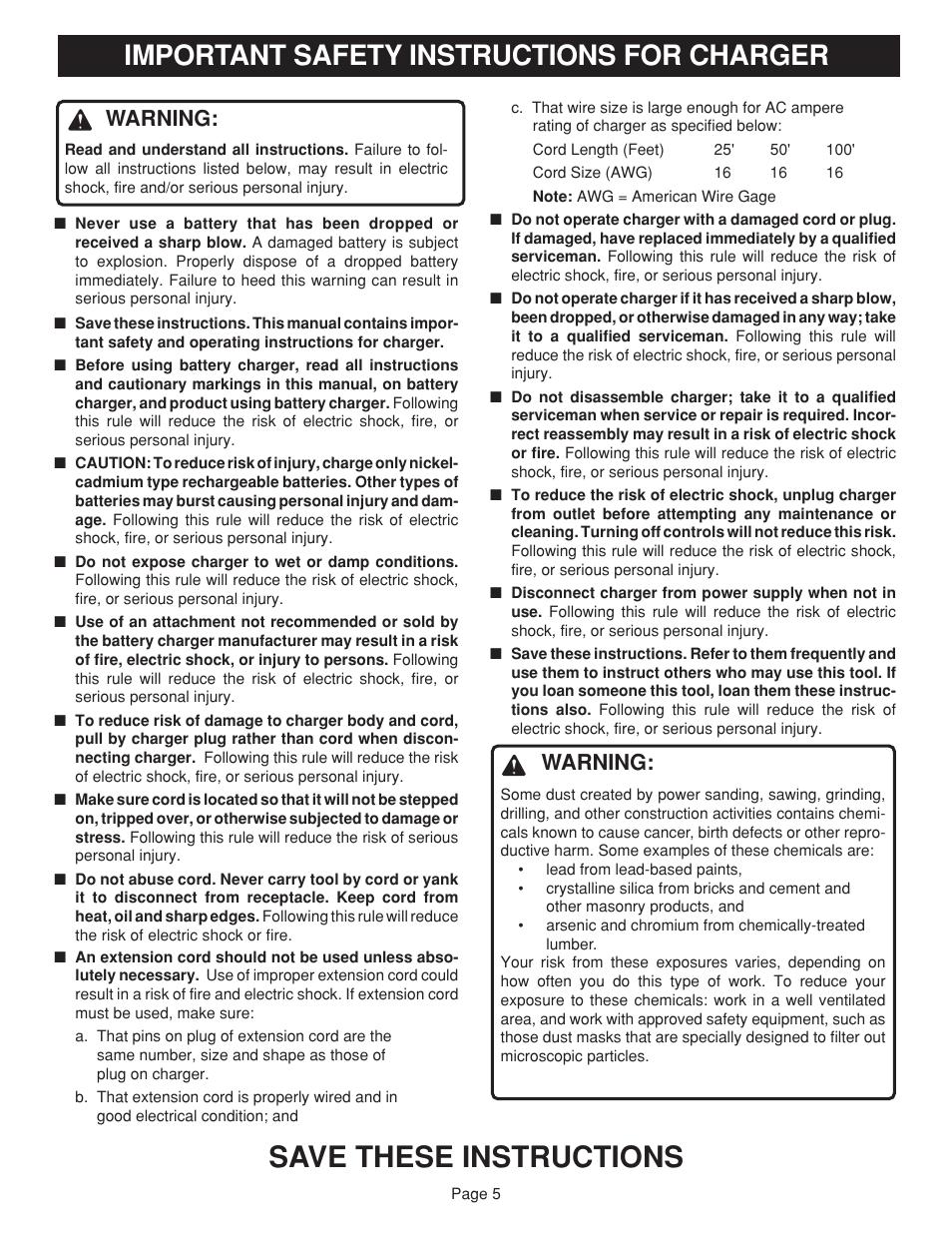 Save these instructions, Important safety instructions for charger, Warning | Ryobi HD1830 User Manual | Page 5 / 20