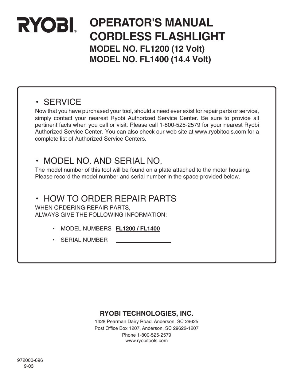 Operator's manual cordless flashlight, Service, Model no. and serial no | How to order repair parts | Ryobi FL1200 User Manual | Page 6 / 6