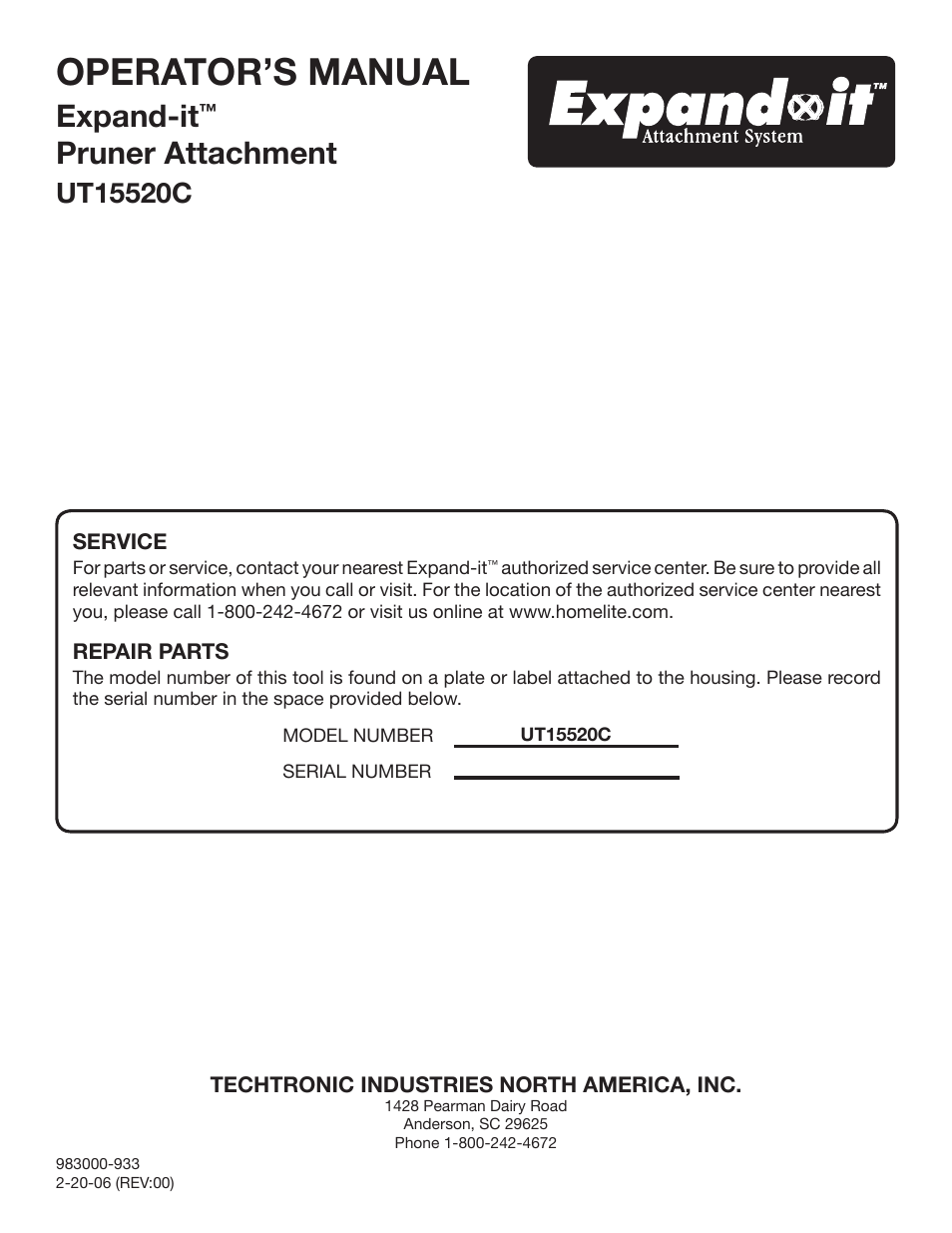 Operator’s manual, Expand-it, Pruner attachment | Ryobi Expand-it UT15520C User Manual | Page 20 / 20