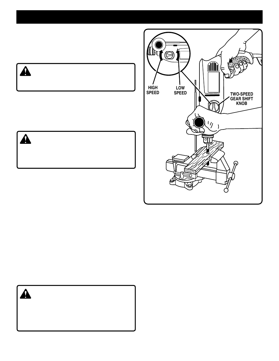 Operation, Warning, Two-speed gear shift knob | Drilling | Ryobi HD501 User Manual | Page 12 / 16