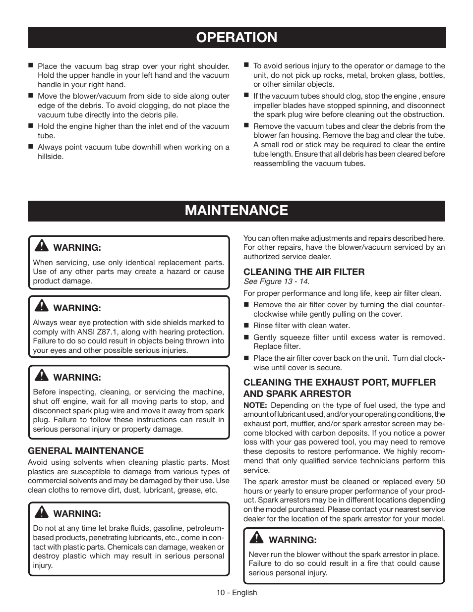 Operation, Maintenance | Ryobi RY09051 User Manual | Page 12 / 42