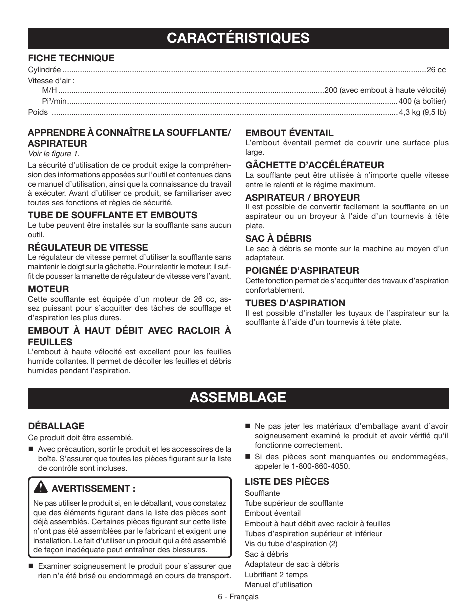 Caractéristiques, Assemblage | Ryobi RY09051 User Manual | Page 21 / 42