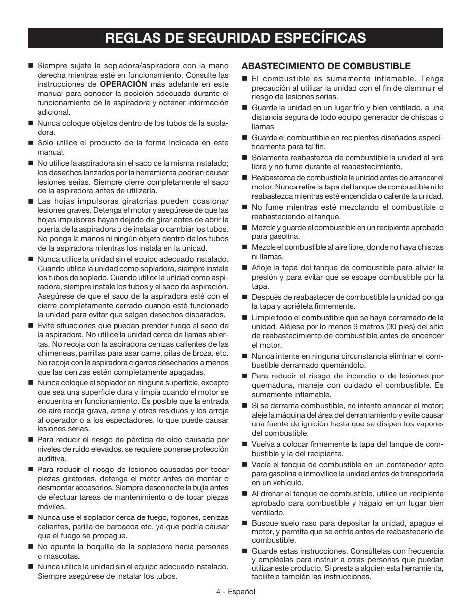 Reglas de seguridad específicas | Ryobi RY09051 User Manual | Page 31 / 42