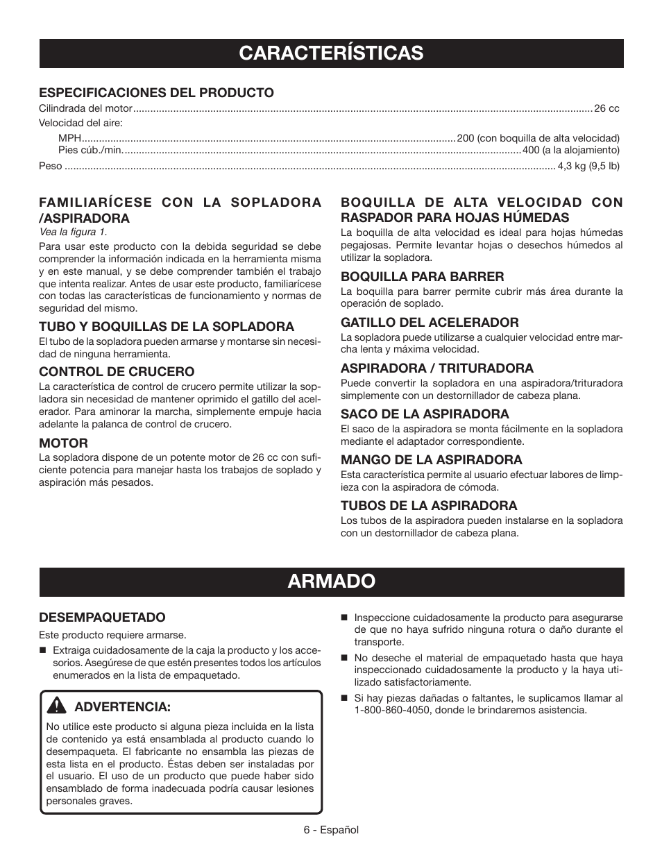 Características, Armado | Ryobi RY09051 User Manual | Page 33 / 42