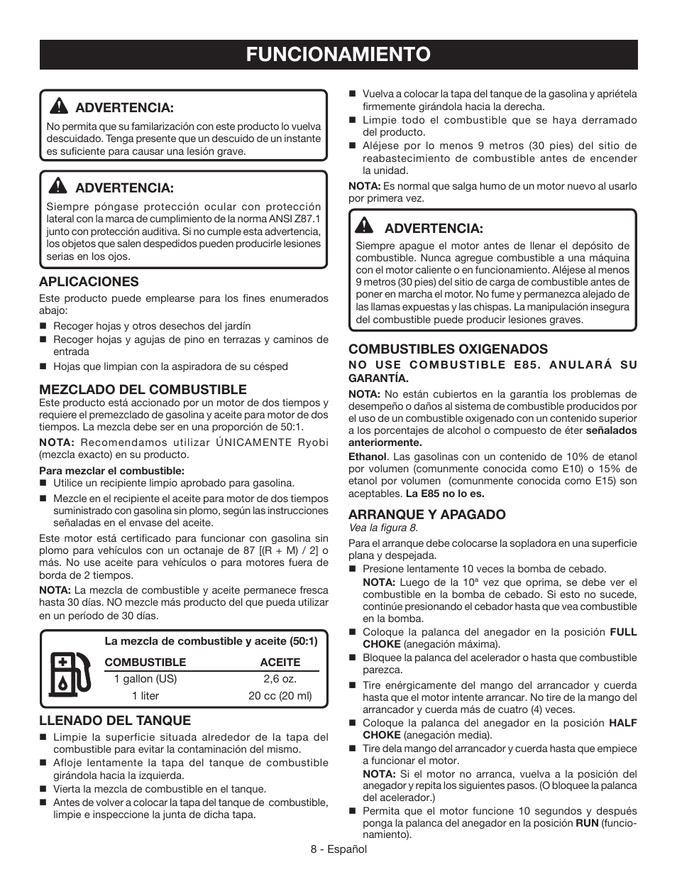 Funcionamiento, Advertencia, Aplicaciones | Mezclado del combustible, Llenado del tanque, Combustibles oxigenados, Arranque y apagado | Ryobi RY09051 User Manual | Page 35 / 42