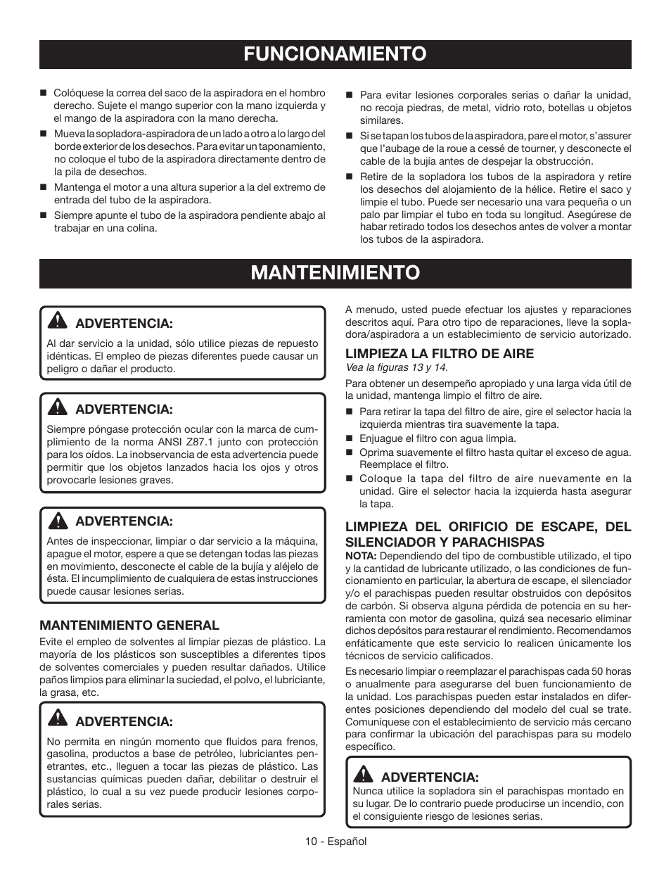 Mantenimiento, Funcionamiento | Ryobi RY09051 User Manual | Page 37 / 42