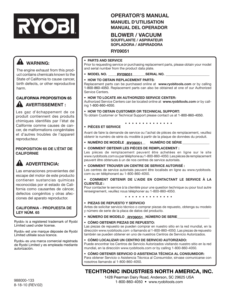 Operator’s manual, Blower / vacuum, Techtronic industries north america, inc | Ryobi RY09051 User Manual | Page 42 / 42