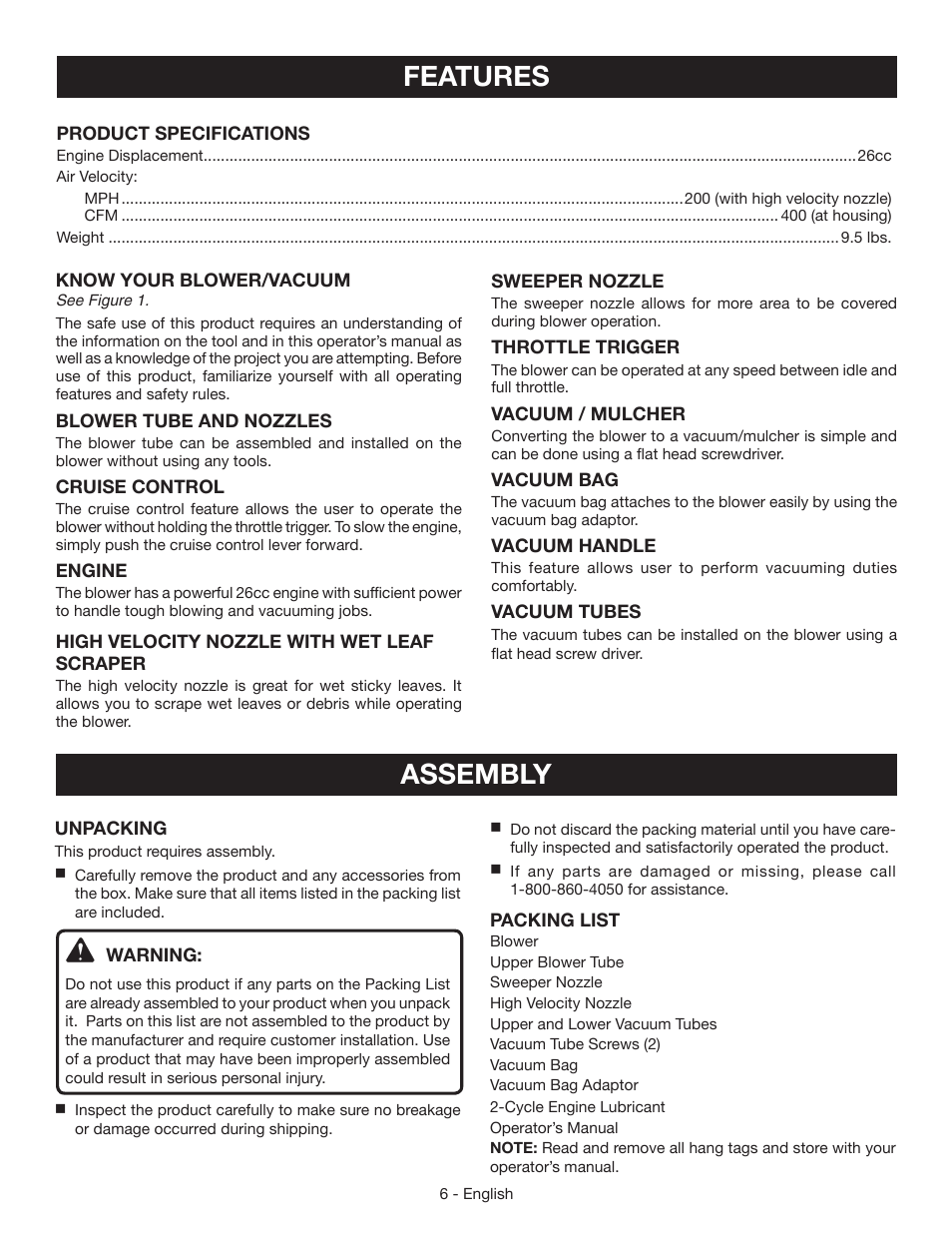 Features, Assembly | Ryobi RY09051 User Manual | Page 8 / 42