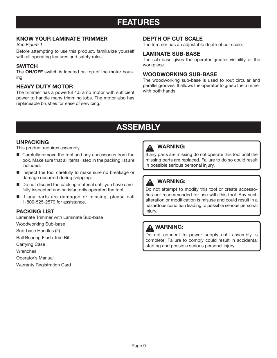 Features, Assembly | Ryobi TR45 User Manual | Page 9 / 20