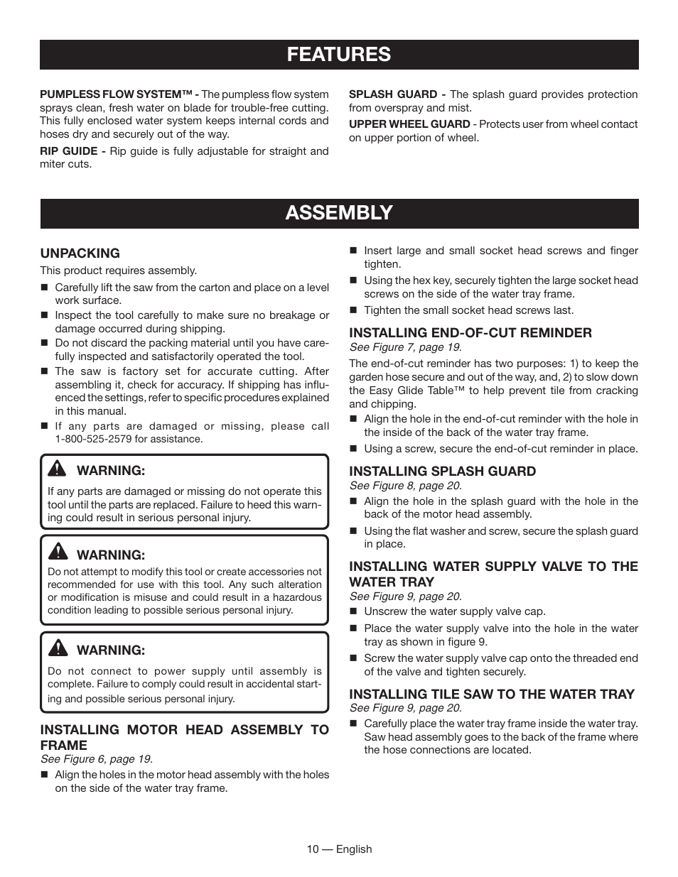 Assembly, Features | Ryobi WS730 User Manual | Page 10 / 56