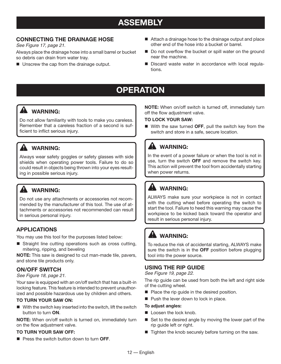 Operation assembly | Ryobi WS730 User Manual | Page 12 / 56