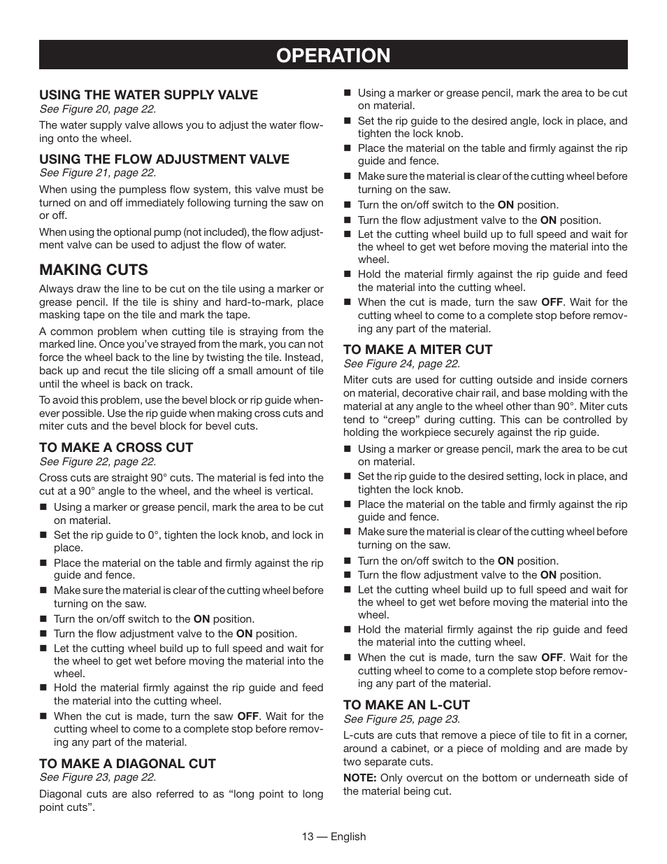 Operation, Making cuts | Ryobi WS730 User Manual | Page 13 / 56