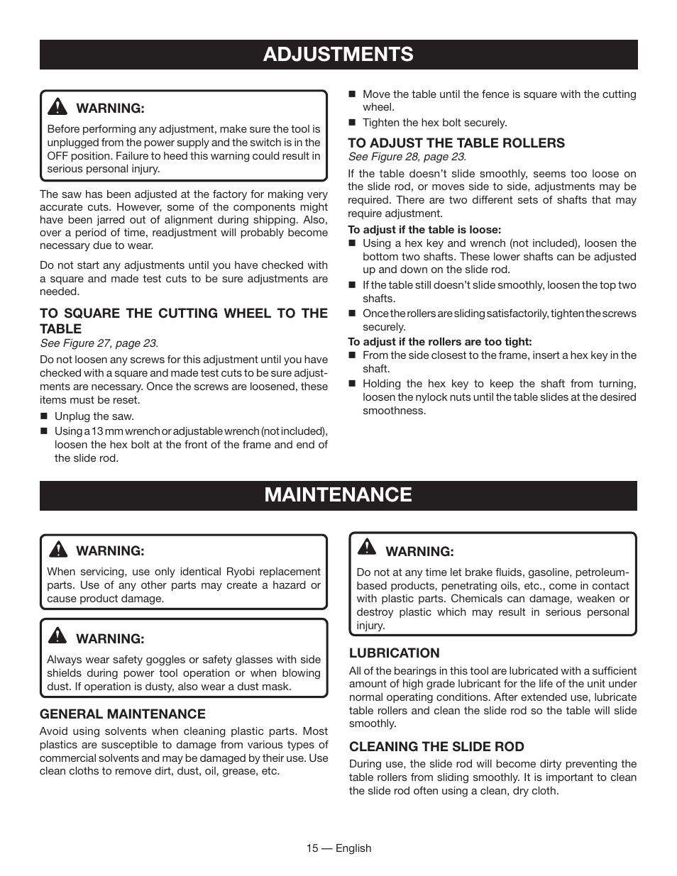 Adjustments, Maintenance | Ryobi WS730 User Manual | Page 15 / 56