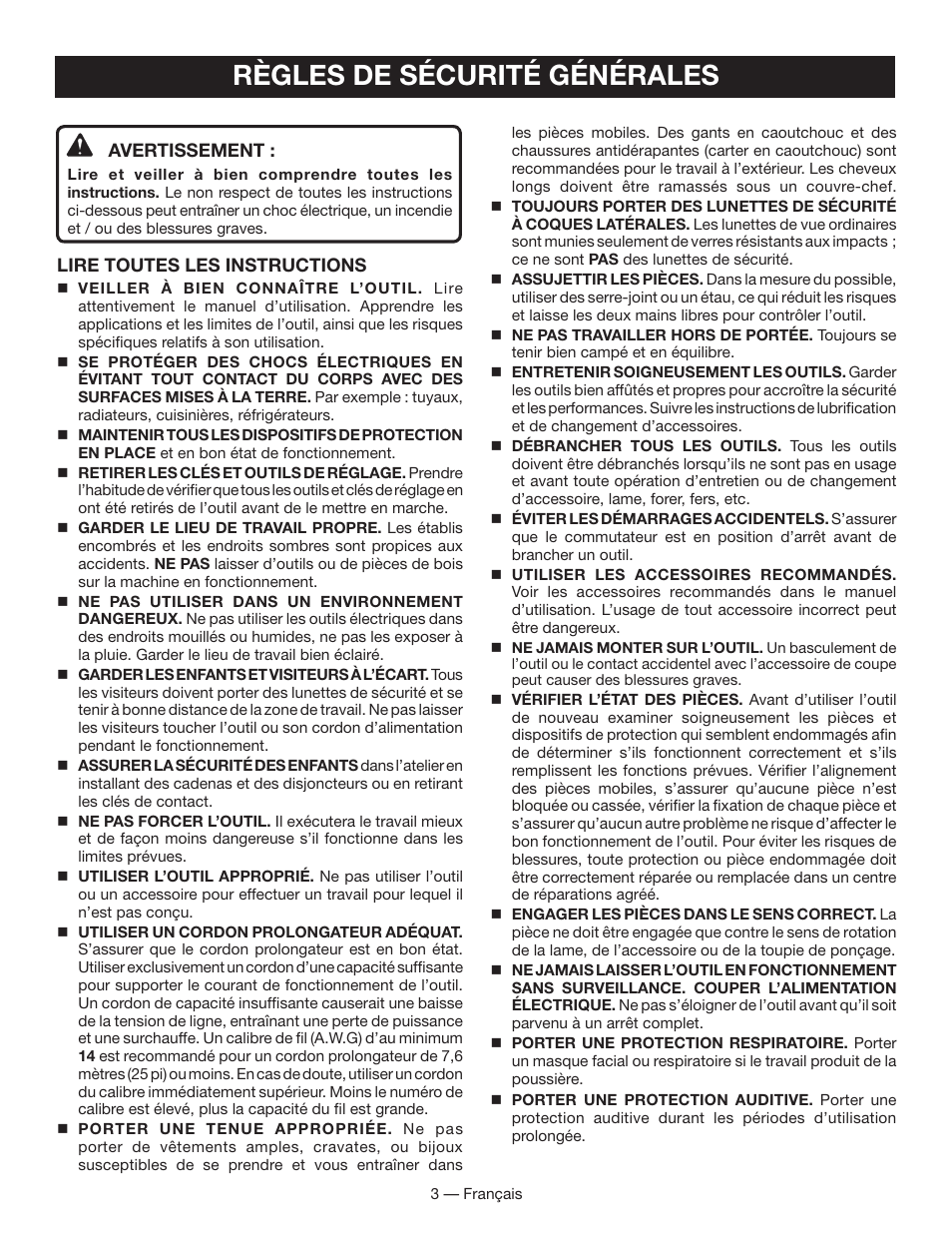 Règles de sécurité générales | Ryobi WS730 User Manual | Page 18 / 56