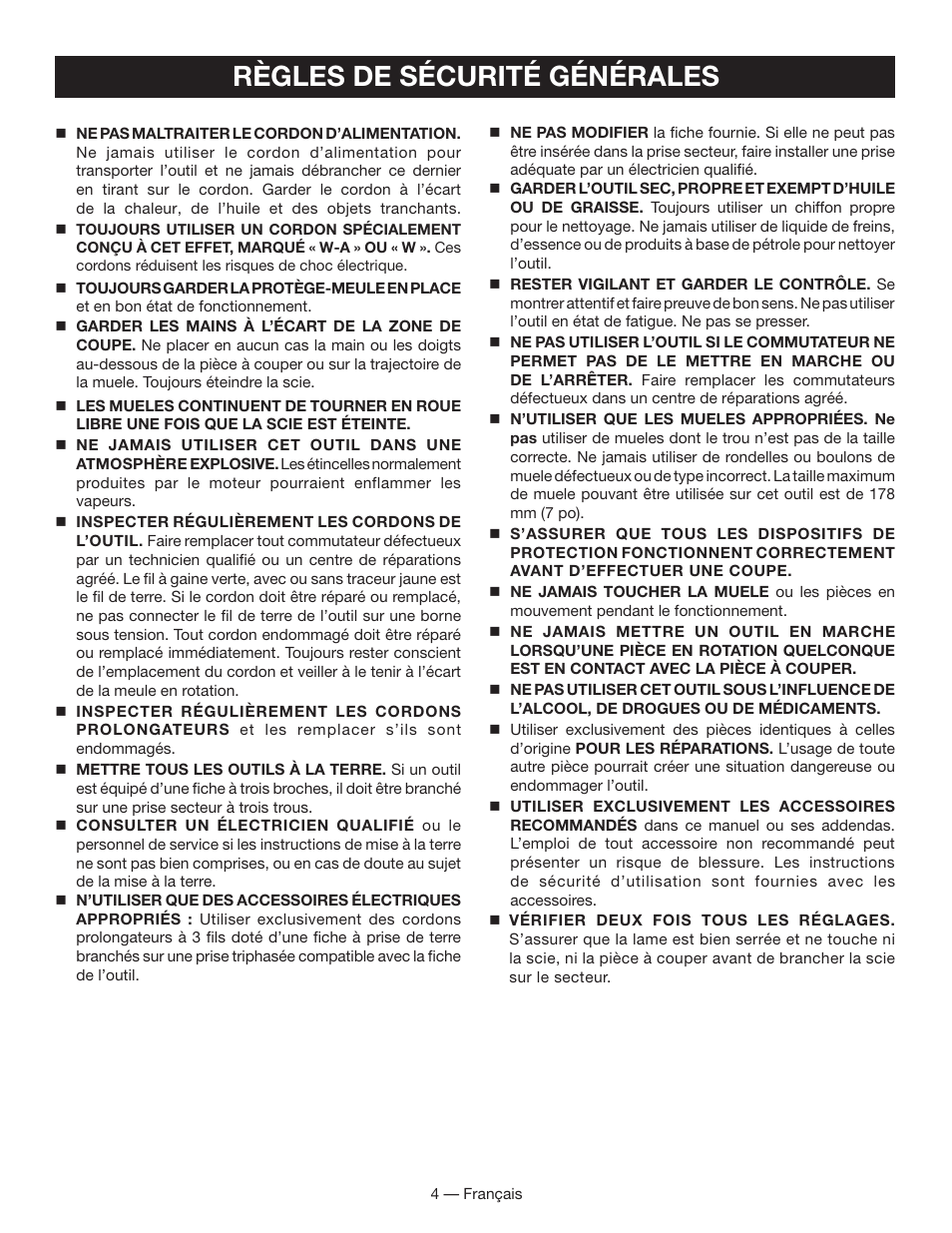 Règles de sécurité générales | Ryobi WS730 User Manual | Page 19 / 56