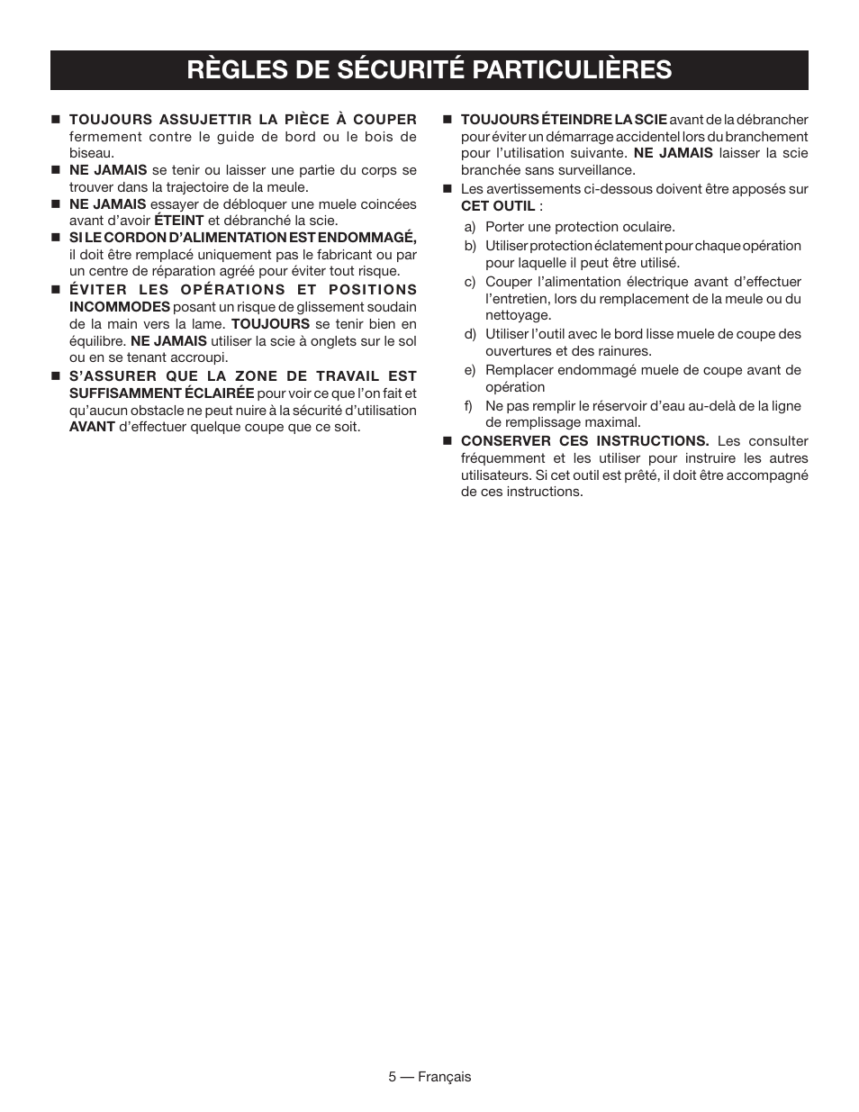 Règles de sécurité particulières | Ryobi WS730 User Manual | Page 20 / 56