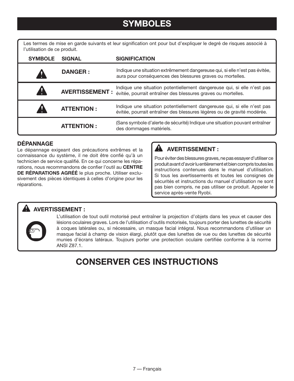 Symboles, Conserver ces instructions | Ryobi WS730 User Manual | Page 22 / 56