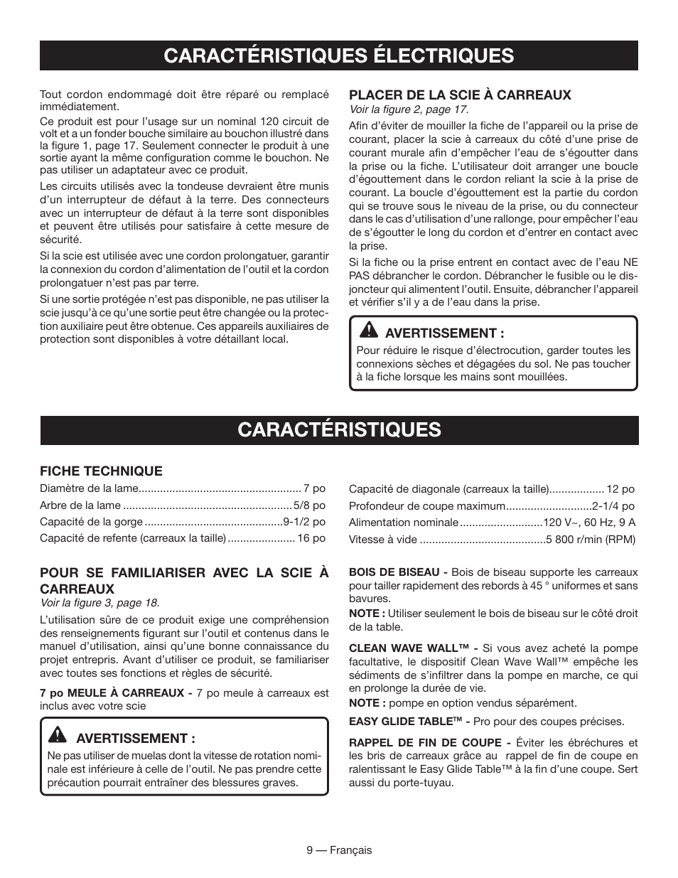 Caractéristiques électriques, Caractéristiques | Ryobi WS730 User Manual | Page 24 / 56