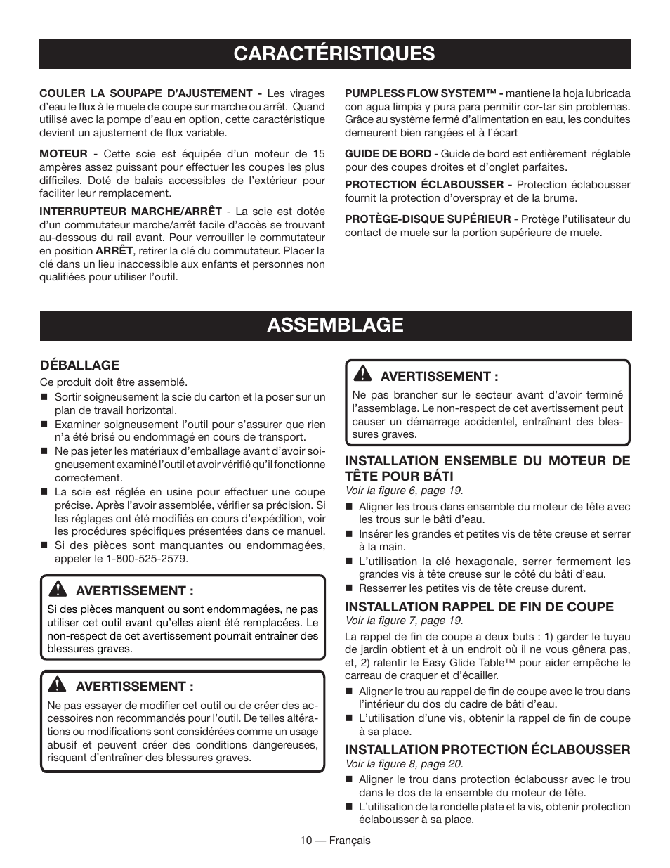 Caractéristiques, Assemblage | Ryobi WS730 User Manual | Page 25 / 56