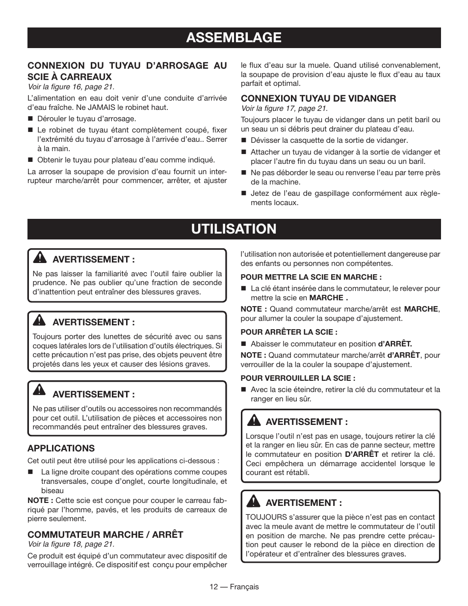 Assemblage, Utilisation | Ryobi WS730 User Manual | Page 27 / 56