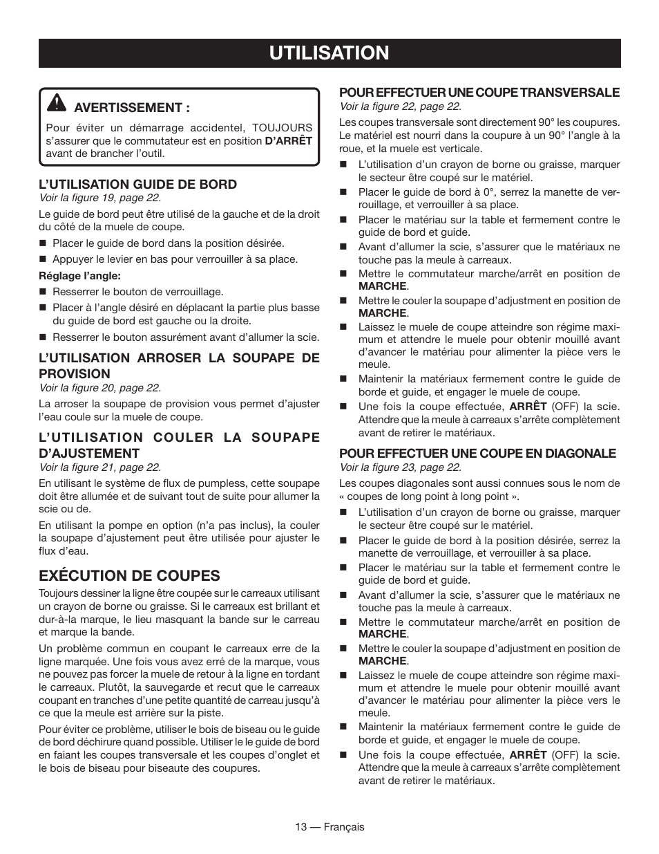 Utilisation, Exécution de coupes | Ryobi WS730 User Manual | Page 28 / 56