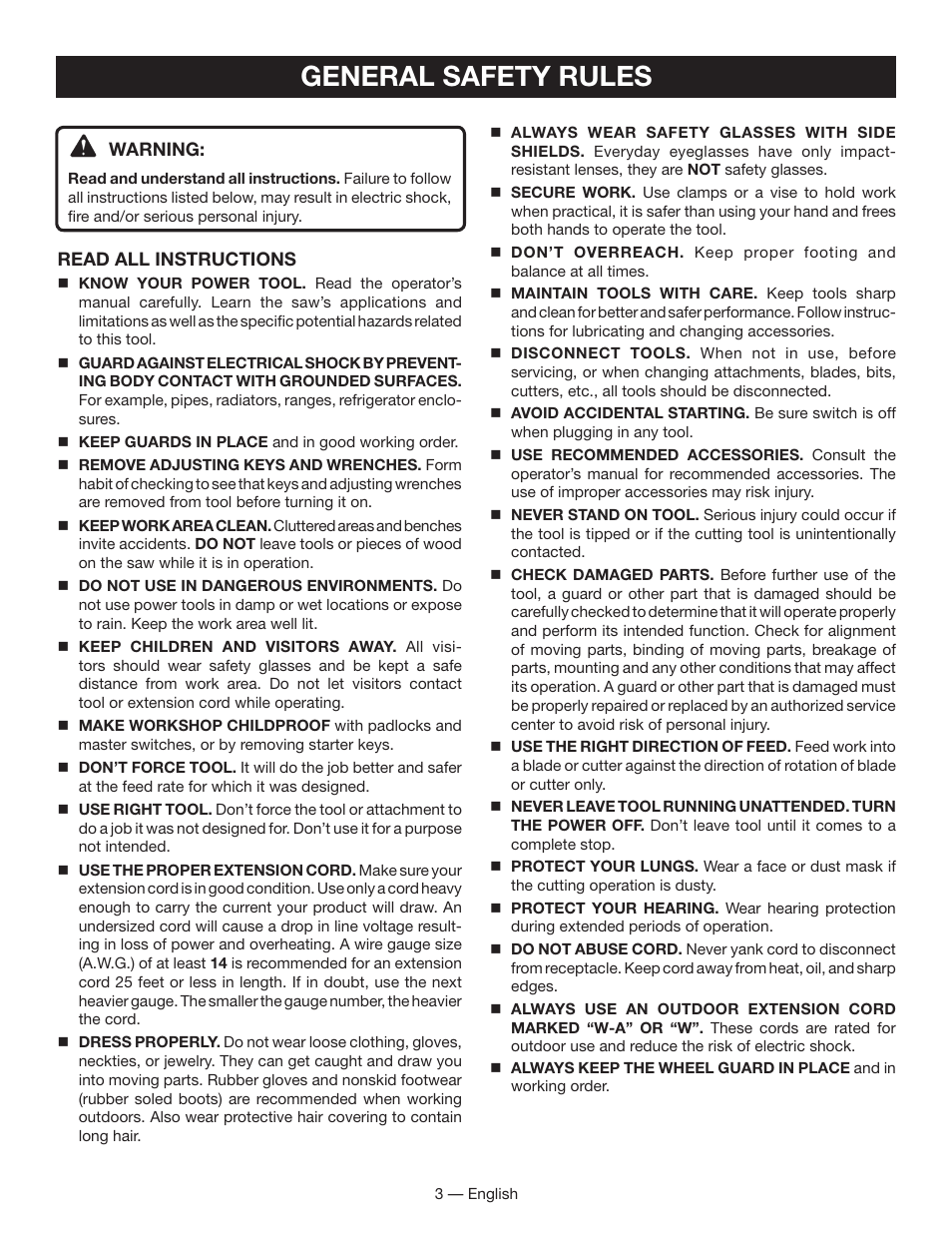 General safety rules | Ryobi WS730 User Manual | Page 3 / 56