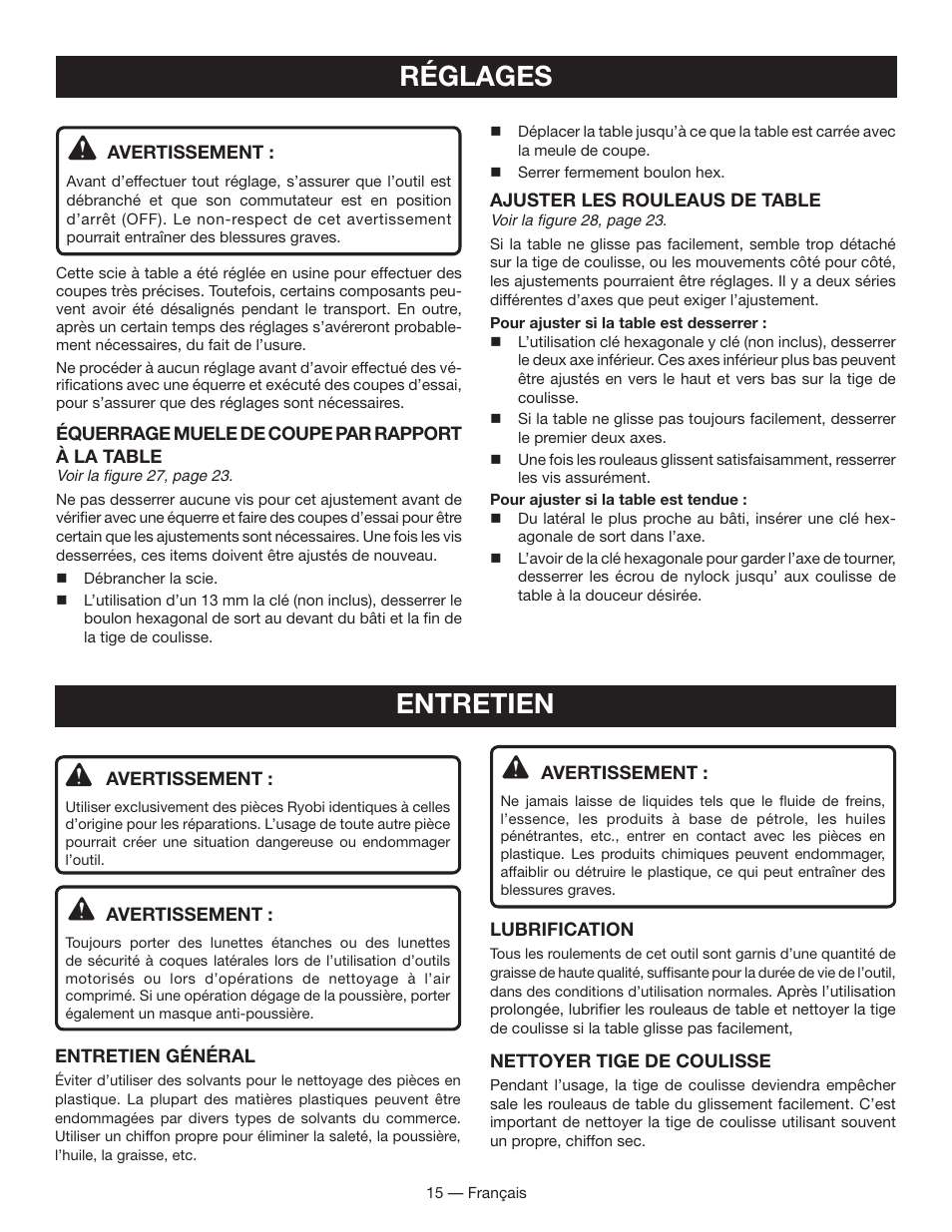 Réglages, Entretien | Ryobi WS730 User Manual | Page 30 / 56