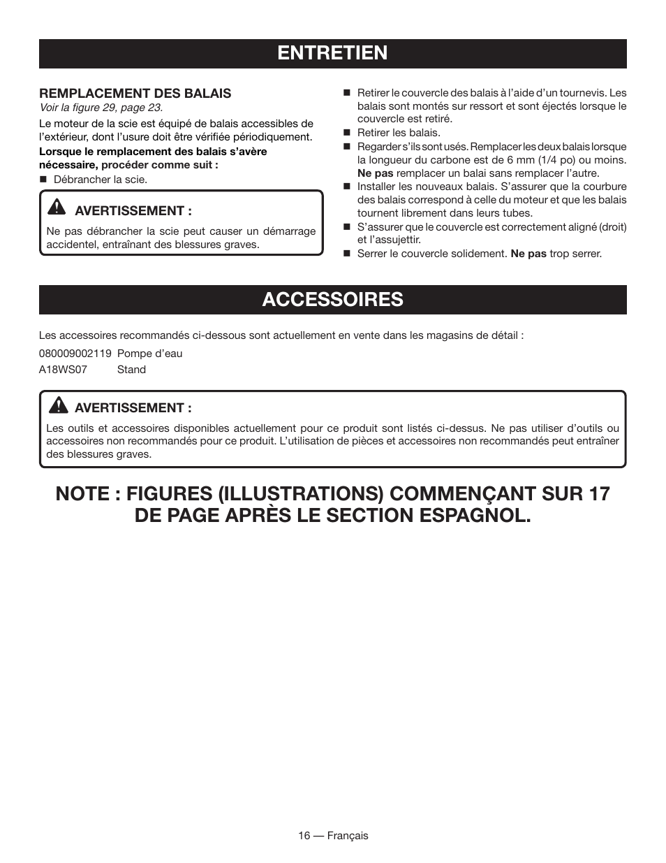 Entretien | Ryobi WS730 User Manual | Page 31 / 56