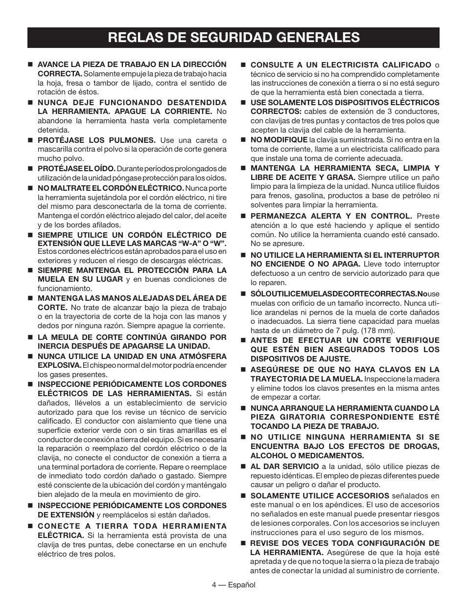 Reglas de seguridad generales | Ryobi WS730 User Manual | Page 34 / 56