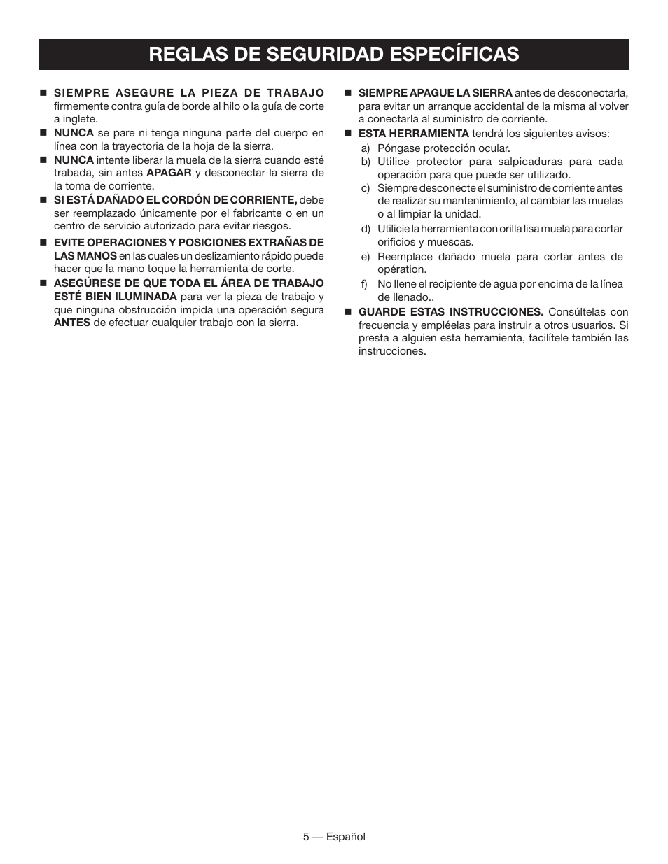 Reglas de seguridad específicas | Ryobi WS730 User Manual | Page 35 / 56